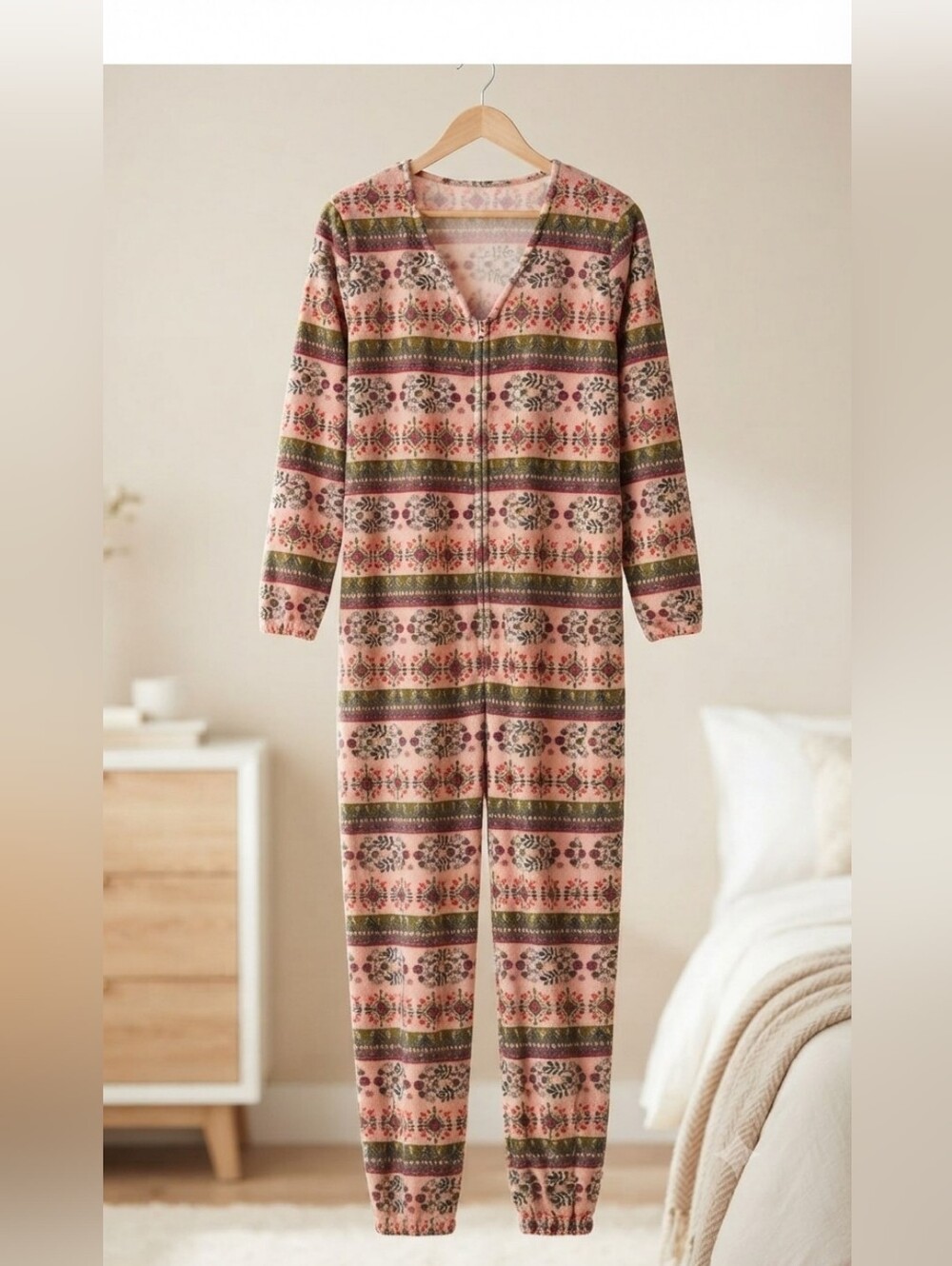 Natural Life Boho Floral Fair Isle Plush Fleece Zip Up One Piece Pajamas Sz M